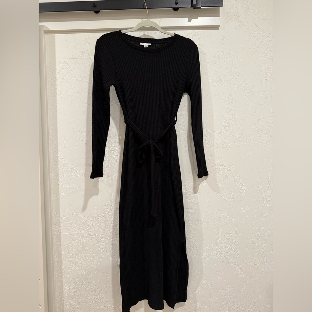 Topshop Black Ribbed Long Sleeve Knit Dress With Belt Size 6